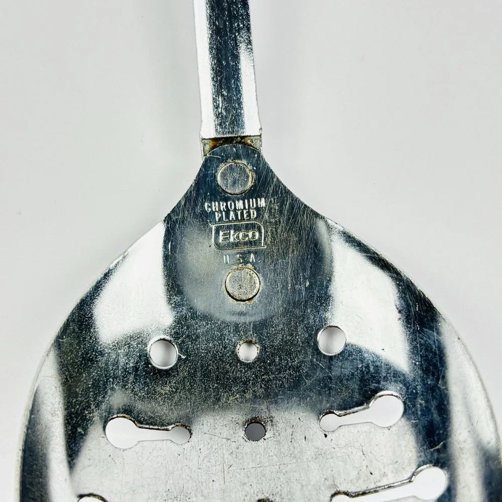 2 Vtg Ecko Spoons Slotted Metal Serving Spoon Utensil Black Plastic Handle
